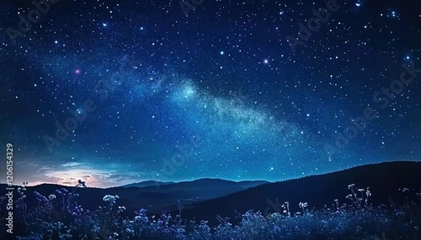 Fototapeta Starry night sky with the Milky Way, a vast expanse of stars in an open field. The view is from ground level, looking up at the starry sky. 