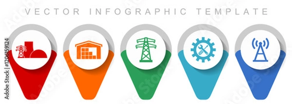 Obraz Energy and industry pointer collection, miscellaneous icons such as warehouse, powerline, power plant, service and antenna, flat design vector infographic template in eps 10