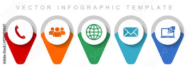 Obraz Social media and communication pointer collection, miscellaneous icons such as people, globe, phone, e-mail and notebook, flat design vector infographic template in eps 10