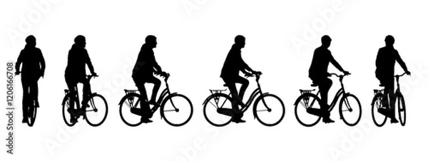 Fototapeta Vector concept or conceptual black silhouette of a woman riding a bicycle from different perspectives isolated on white background. A metaphor for health, fitness, work, leisure and lifestyle