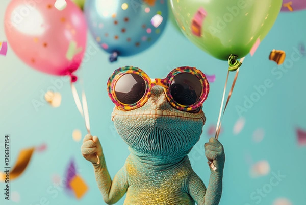Fototapeta Funny chameleon wearing sunglasses holding happy birthday balloons and confetti explosion flying around greeting card on blue background with copy space.