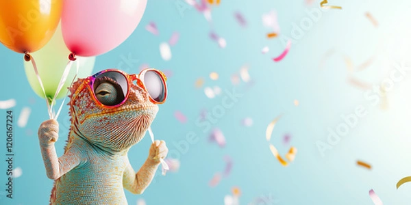 Obraz Funny chameleon wearing sunglasses holding happy birthday balloons and confetti explosion flying around greeting card on blue background with copy space.