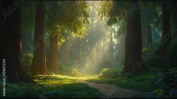 Fototapeta Sunlit forest path, misty morning, redwood trees, game background