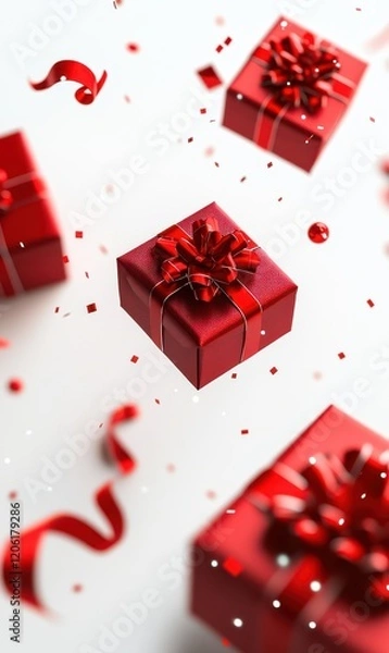 Fototapeta Red Gift Boxes with Floating Ribbons, Festive Celebration Vibes