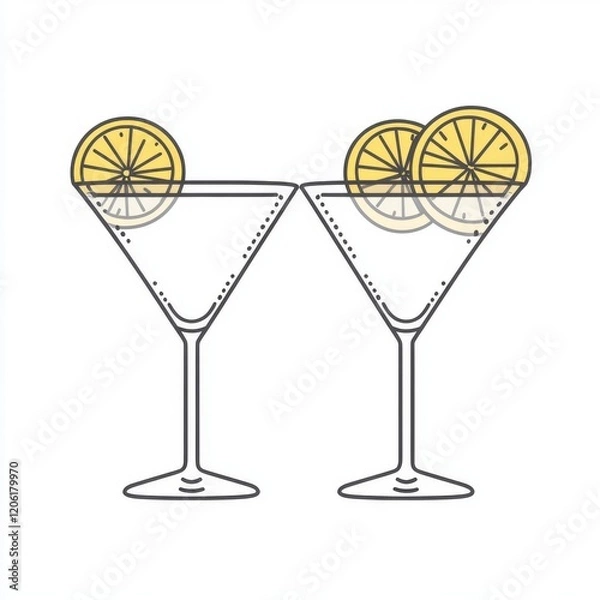 Fototapeta Two cocktail glasses adorned with a lemon slice, illustrated in a streamlined one-line continuous drawing style. Hand-drawn linear silhouette icon. Ideal minimal design element for print, banner,