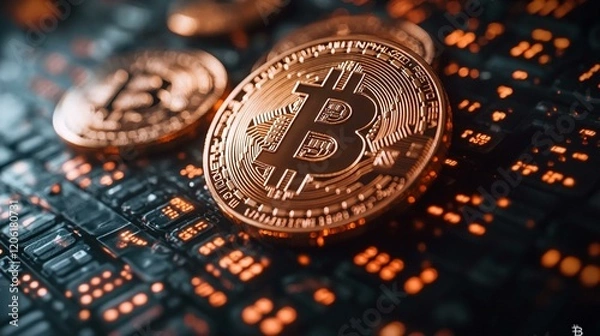 Fototapeta A Bitcoin payment being made at a coffee shop, with a QR code and smartphone displayed, showcasing real-world Bitcoin transactions. 193