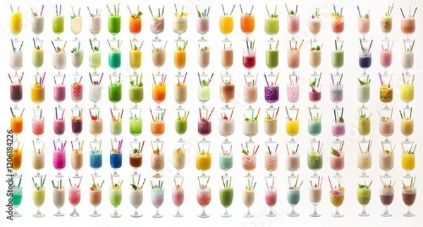 Fototapeta A collection of colorful beverages on a white background, including both alcoholic and alcohol-free long drink shooters and refreshments