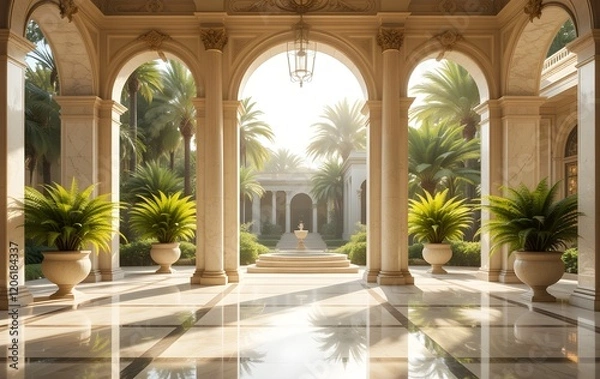 Fototapeta Luxurious marble colonnade, sunlit interior, classical architecture, tropical garden view, lush ferns in planters, arched windows, polished floor reflections, warm golden light
