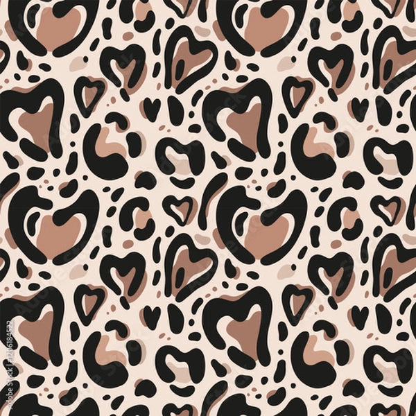 Obraz Seamless pattern with heart-shaped leopard spots, brown shapes, animal print. Aesthetic background for apparel, room decor, tee prints, fabric, wrapping, design projects highlighting natural themes