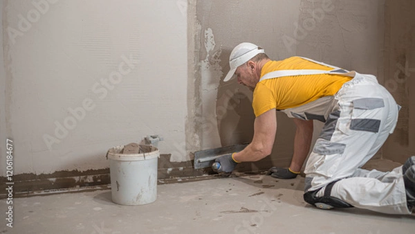 Fototapeta A worker when applies a liquid membrane on the concrete bathroom  floor. Foolproof waterproofing for a tile bathroom.