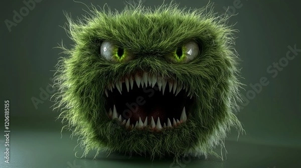 Fototapeta Green furry monster with sharp teeth