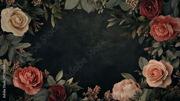 Fototapeta Dark Floral Frame: A moody and romantic frame of dark roses, peonies and greenery creates a dramatic and elegant border against a dark background, perfect for invitations, announcements.
