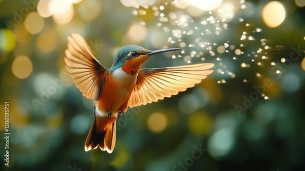 Fototapeta A stunning image of a vibrant hummingbird fluttering gracefully with glowing bokeh lights in the background, capturing the essence of nature's beauty.