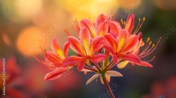 Fototapeta A beautiful cluster of vibrant pink flowers in full bloom, captured in soft focus with warm sunlight highlighting their delicate petals in a charming outdoor setting.