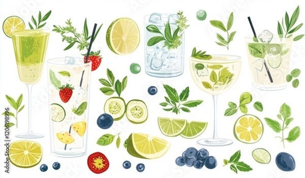 Fototapeta Illustration featuring tropical cocktails and a cute girl holding a glass with an umbrella. A modern take on summertime beverages in a retro, trendy design
