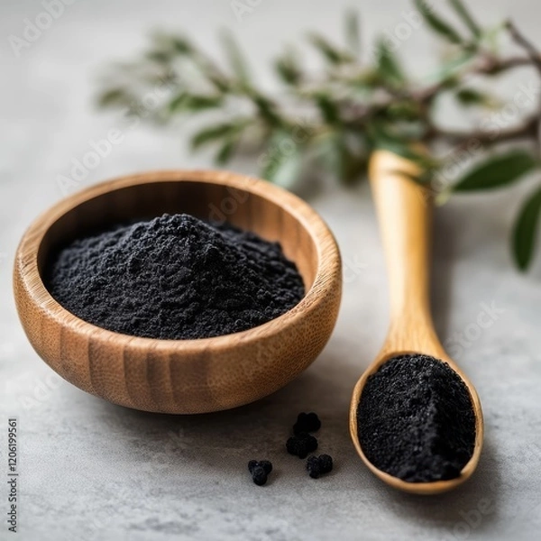 Obraz A wooden bowl filled with black shilajit powder, with a bamboo spoon and small pieces of the powder next to it, surrounded by green leaves.