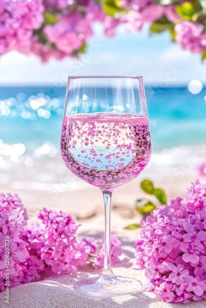 Fototapeta A summer cocktail in a glass, hinting at a summer holiday. The pastel background complements the delicious, refresher party drink. Illustration. Stock