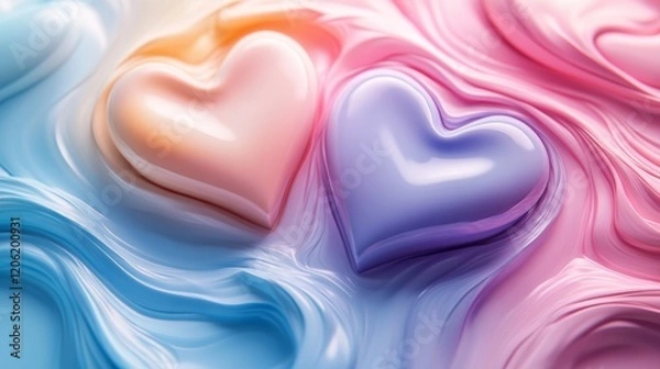 Fototapeta Two colorful hearts, one pastel pink and the other a soft purple, rest atop a swirling abstract pattern, symbolizing love and harmony in vibrant tones.