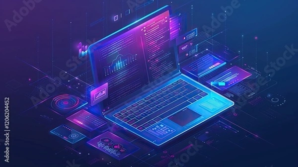 Fototapeta Neon-Lit Laptop and User Interface