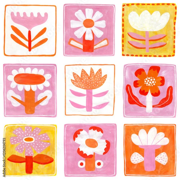 Fototapeta Tile seamless pattern. Floral ornament in folk style. Patchwork print painted with gouache. Handmade.