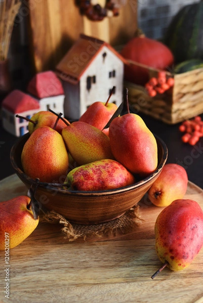Fototapeta RED WILLIAM PEARS. Known for its stunning deep red skin and soft, buttery texture. These sweet pears have red freckles, reminiscent of a Rainbow trout's skin