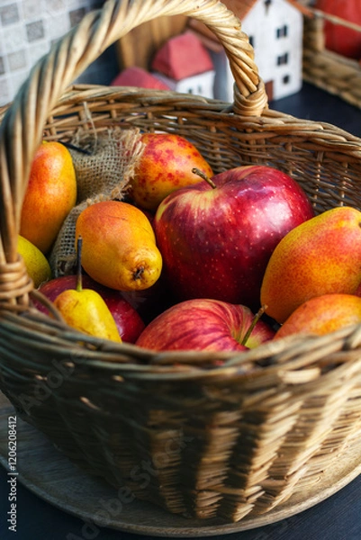 Fototapeta Red apples and yellow pears in a wicker basket on a top of kitchen counter, close up. 