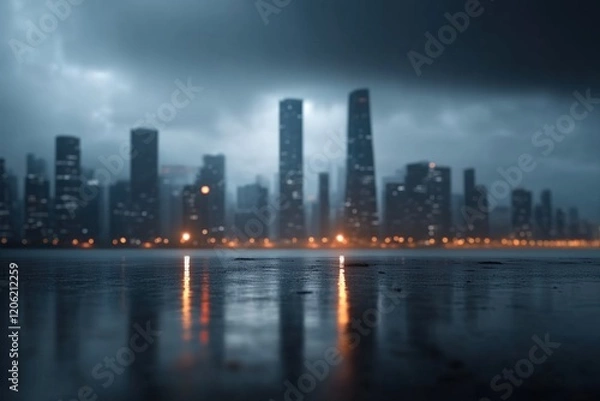 Fototapeta Moody cityscape with skyscrapers and reflections on a wet surface under a dramatic cloudy sky. Urban life and atmospheric setting.