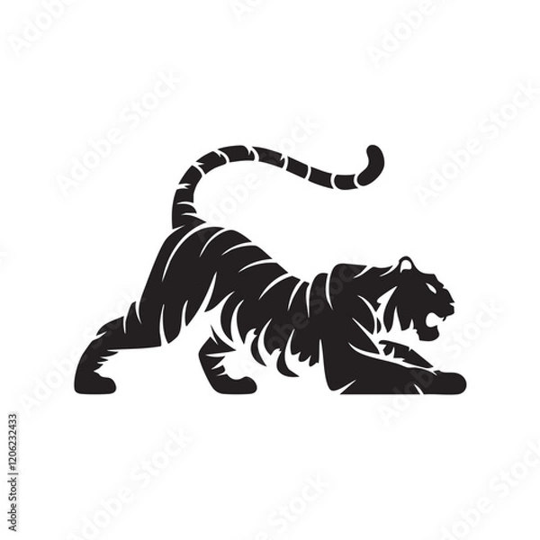 Fototapeta A flat silhouette of a tiger in a playful position, with its tail raised and body low, black silhouette on a white background.