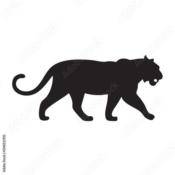 Fototapeta A flat silhouette of a tiger walking gracefully, with its tail curving behind, black silhouette on a white background.