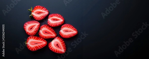 Fototapeta A group of sliced strawberries on a black surface