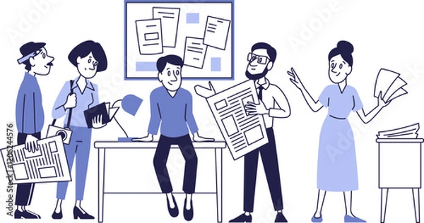 Fototapeta Newspaper Editorial Team at Work: Discussing Articles and Preparing for Publication.