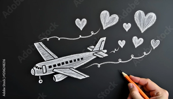 Fototapeta Hand-drawn airplane with hearts on a chalkboard background