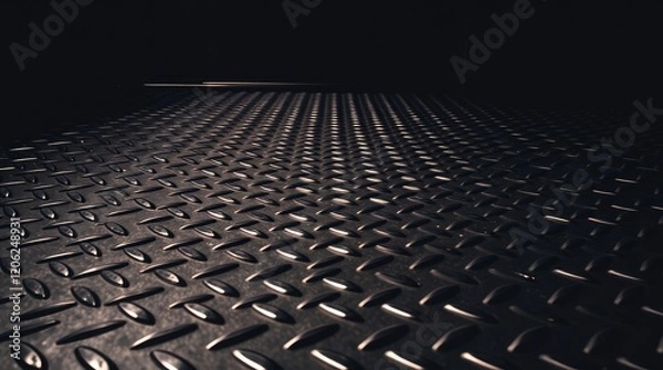 Fototapeta seamless metal floor plate with a diamond pattern on a black metal background, featuring contrasting chiaroscuro lighting, deep shadows