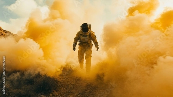Fototapeta Astronaut Exploring Mysterious Alien Terrain Shrouded in Yellow Mist