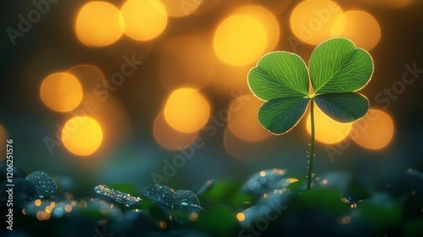 Fototapeta Glowing clover plant stands out against a blurred golden background in an enchanting setting