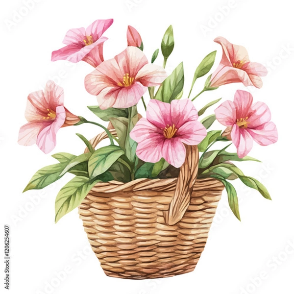 Fototapeta A watercolor of a stock bouquet in a basket, isolated on a white background. Stock bouquet in a basket vector.
