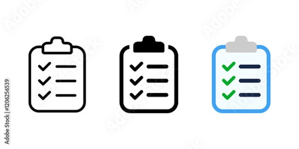 Fototapeta Checklist icon. Clipboard vector illustration. Checkup plan on the board symbol. Paper document with check marks and fields sign. Schedule note. Report pictogram. Test and exam workbook glyph