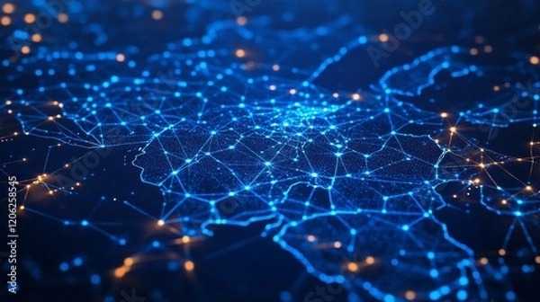 Fototapeta A complex digital network depicted with glowing blue lights, symbolizing connectivity and technology, intertwined with various abstract elements and vibrant energy.