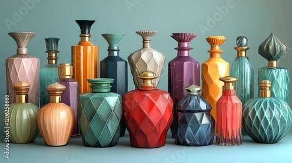 Fototapeta Elegant assortment of colorful geometric perfume bottles displayed on a wooden table