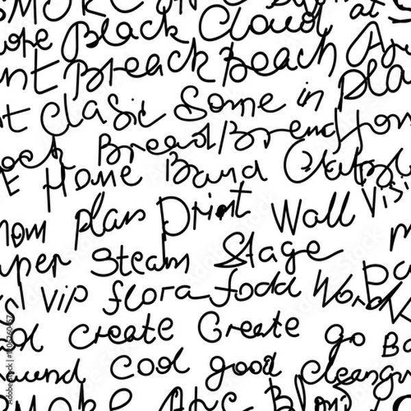 Fototapeta seamless pattern of black text on a white background. Text in a freehand, hand-drawn style. All words are of different sizes.  The image style is simple and minimalistic.