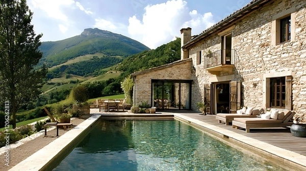 Fototapeta French countryside villa poolside view, mountain backdrop, luxury vacation rental
