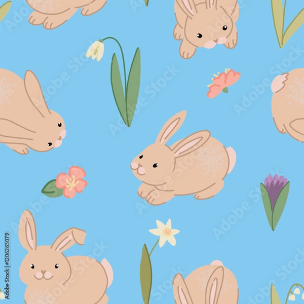 Fototapeta Cute rabbits seamless pattern. Ornament of bunnies pretty animals. Contemporary vector illustration.