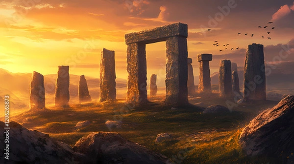 Fototapeta Resurrecting stonehenge conceptualizing ancient ruins. stonehenge. illustration. Ancient Ruins. Illustration