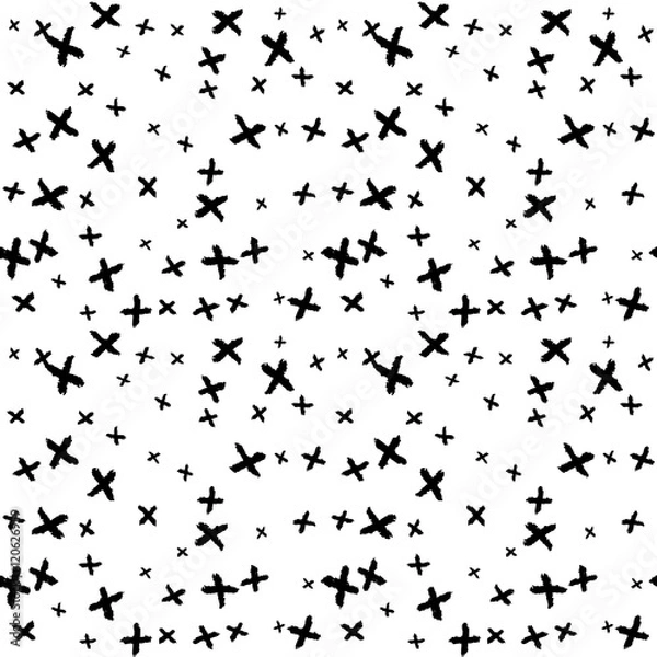 Obraz Seamless pattern with plus signs, black on white. Vector charcoal doodle illustration. Cute repeated texture with hand drawn cross shapes for packaging, book, textile. Wrapping paper design.