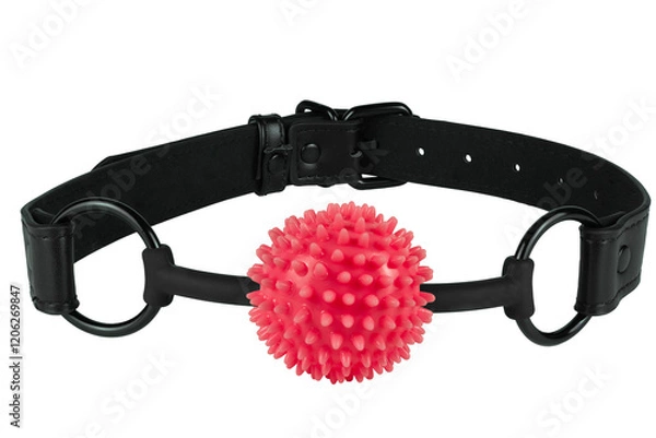 Obraz Spiky red ball gag with a black leather strap, isolated on white background. Cut out. Sex toy for domination game.