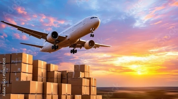 Obraz Airplane landing, cargo boxes, sunset, global logistics