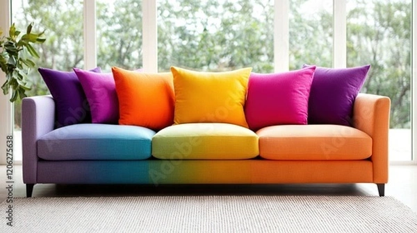 Fototapeta   Multicolored couch facing window, with potted plant beside