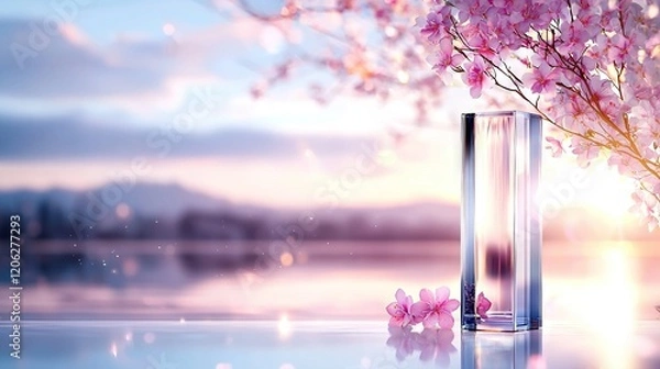 Fototapeta   A vase brimming with pink blossoms rests atop a table near a tree adorned with pink petals