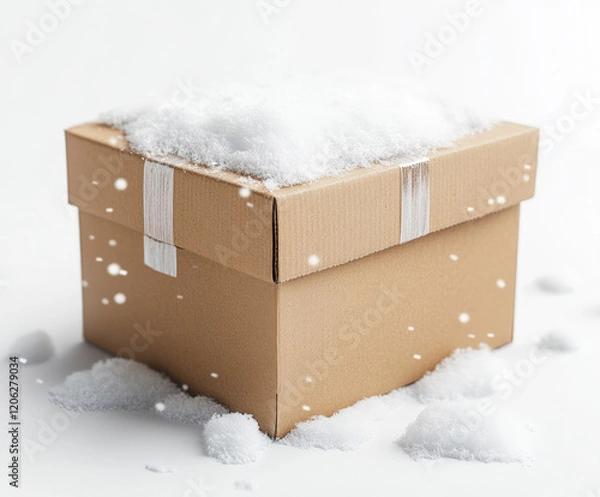 Fototapeta A brown cardboard box filled with white snow sits on a snowy surface, evoking a winter wonderland scene perfect for holiday surprises and festive decorations