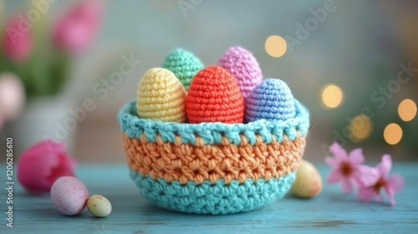 Fototapeta Brightly colored crochet eggs are neatly arranged in a bowl, set against a softly focused background, highlighting the craftsmanship and joyful spirit.